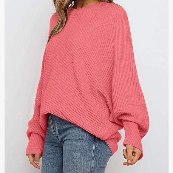 TECREW Women's Oversized Batwing Long Sleeve Pink Sweater - Picture 2 of 9